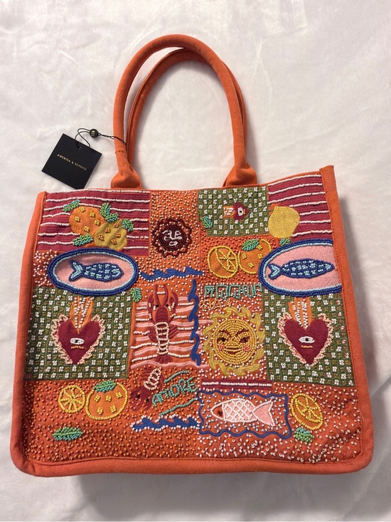 America & Beyond Handbags - America & Beyond Orange Embroidered Patchwork Beaded Tote